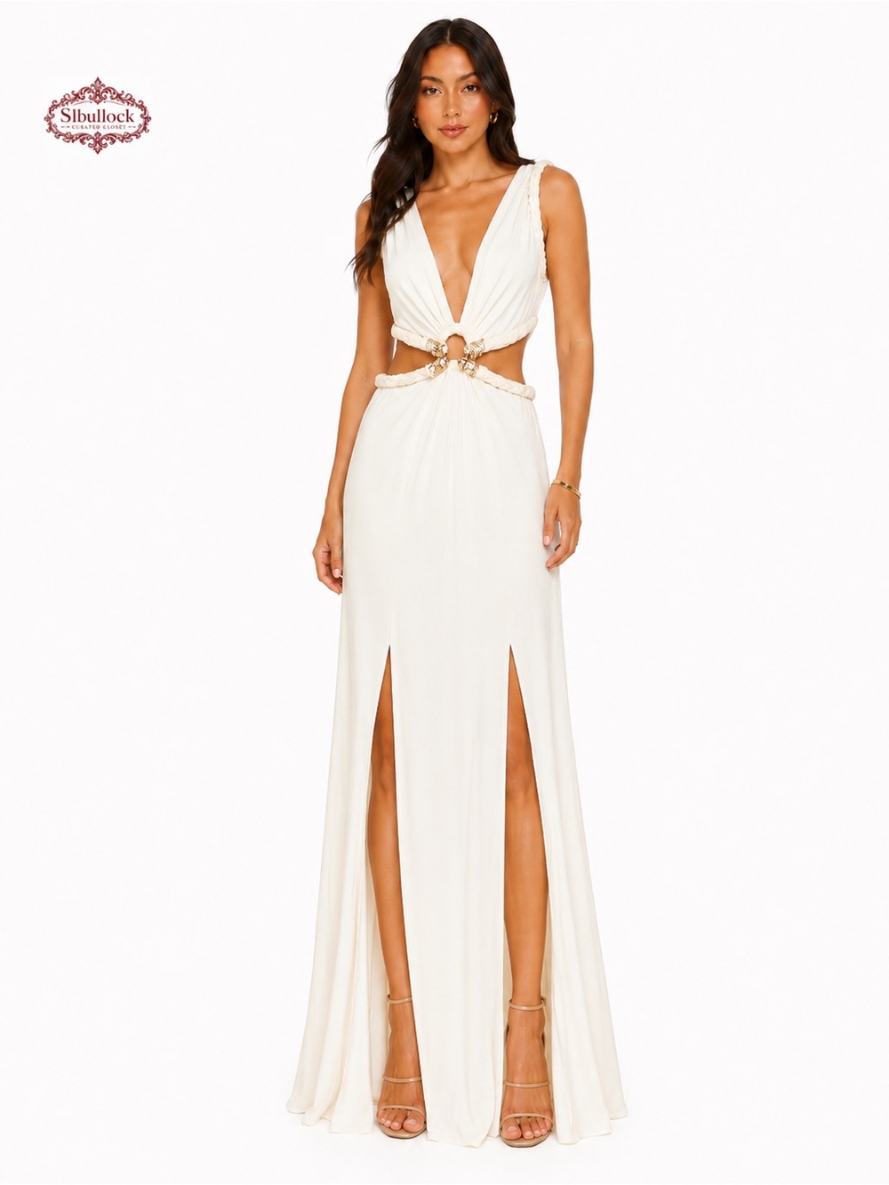 X5 SKY Made in USA White Rhinestone Cutout Maxi Dress Size M NWT